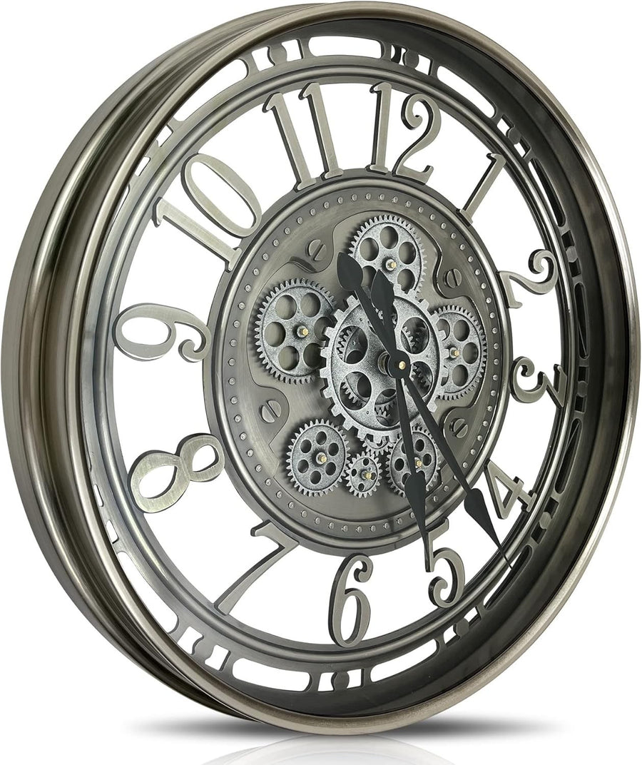 53cm Steampunk Wall Clock Silver Gears Silent Metal Vintage Decor
