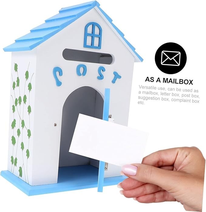 Wall Mounted Wooden Mailbox Suggestion Box Blue Decorative Post Box 32cm