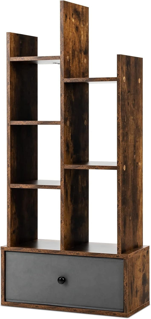 Rustic Brown Tree-Shaped Bookcase Tall 7 Cube Storage Shelf with Drawer