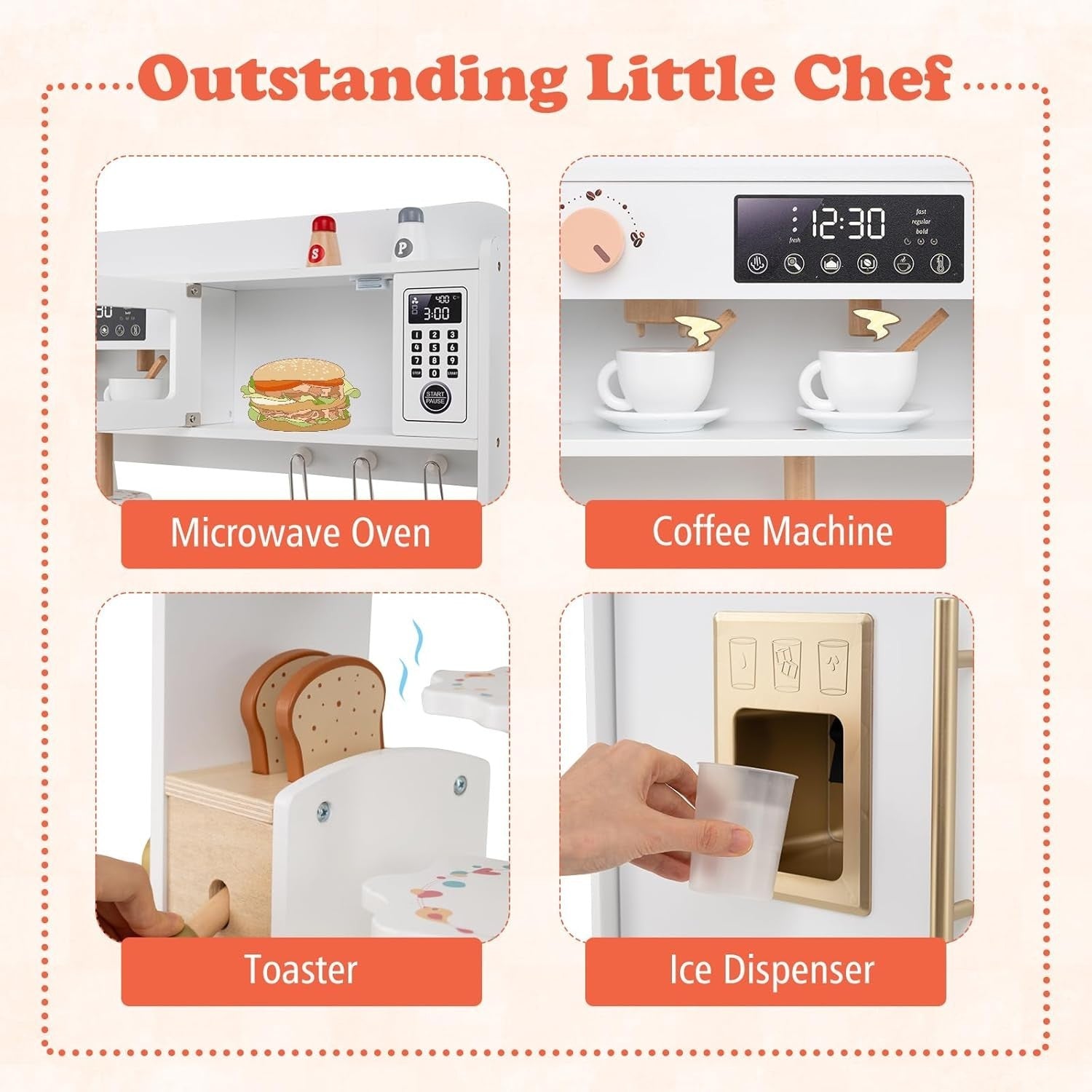 Wooden Toddler Chef Kitchen Set Lights Sounds Ice Maker Toy White
