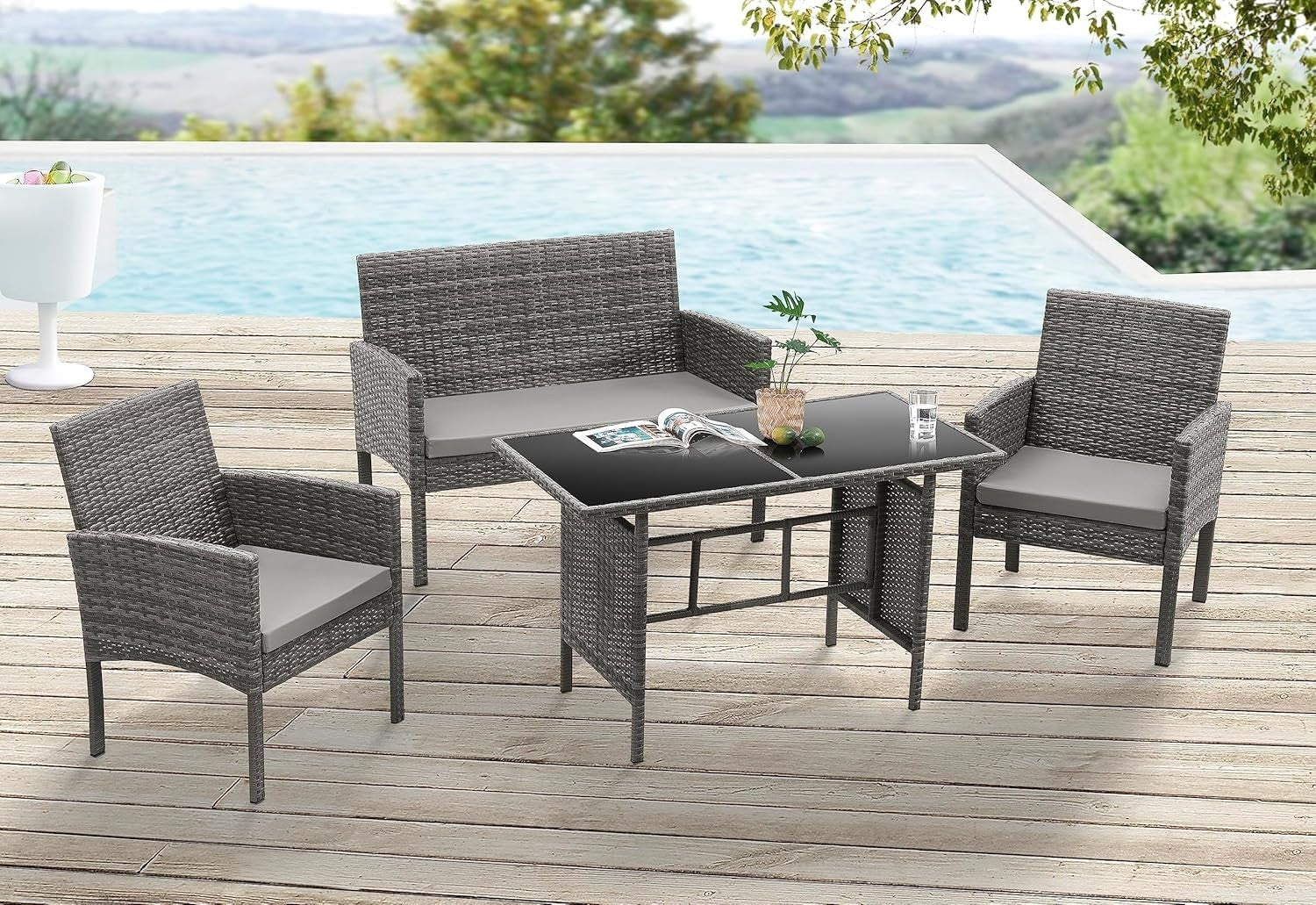 Grey Rattan Garden Furniture Set 4 Seater Outdoor Sofa Chairs Table