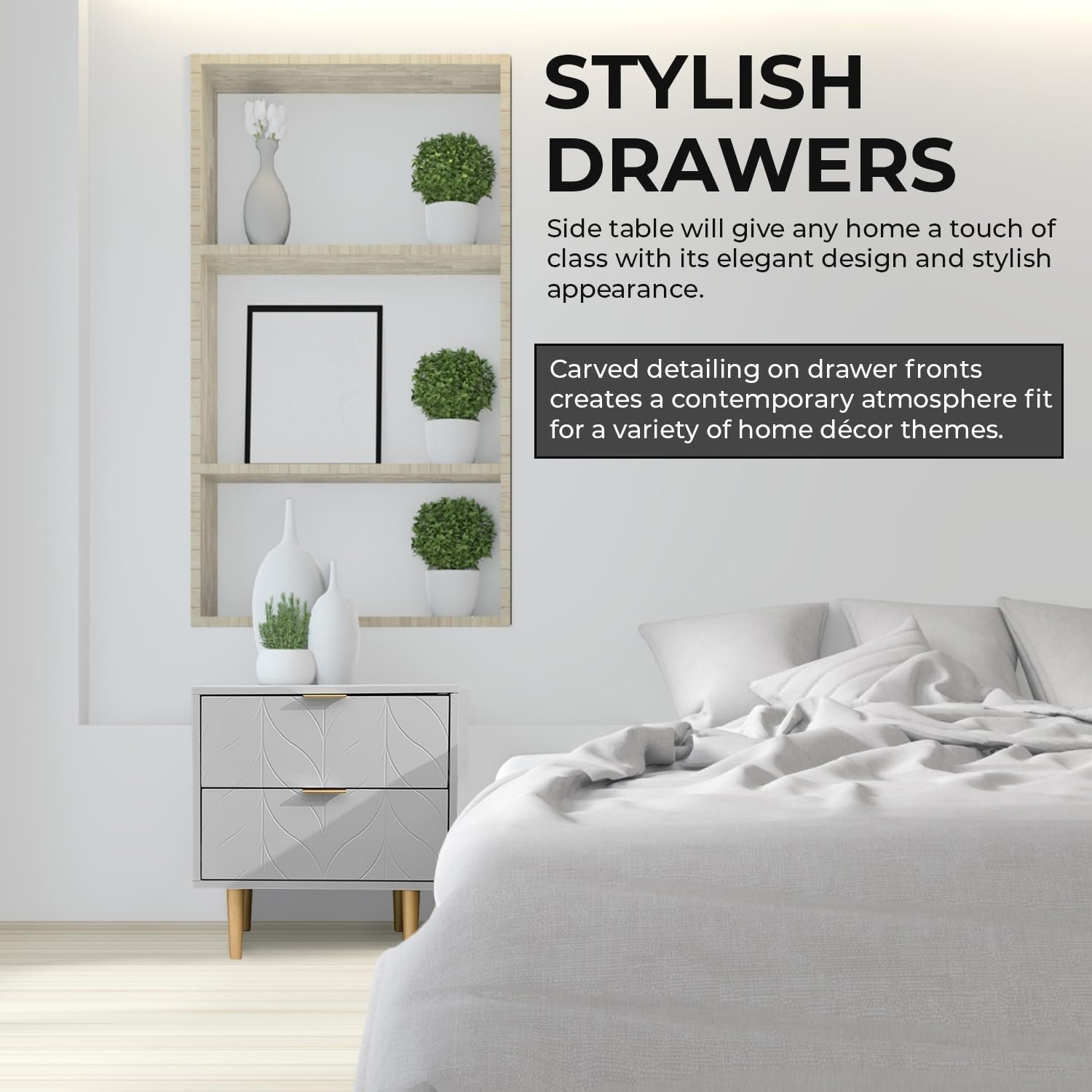 Modern Grey Bedside Table with Bronze Handles | 2 Drawer Nightstand