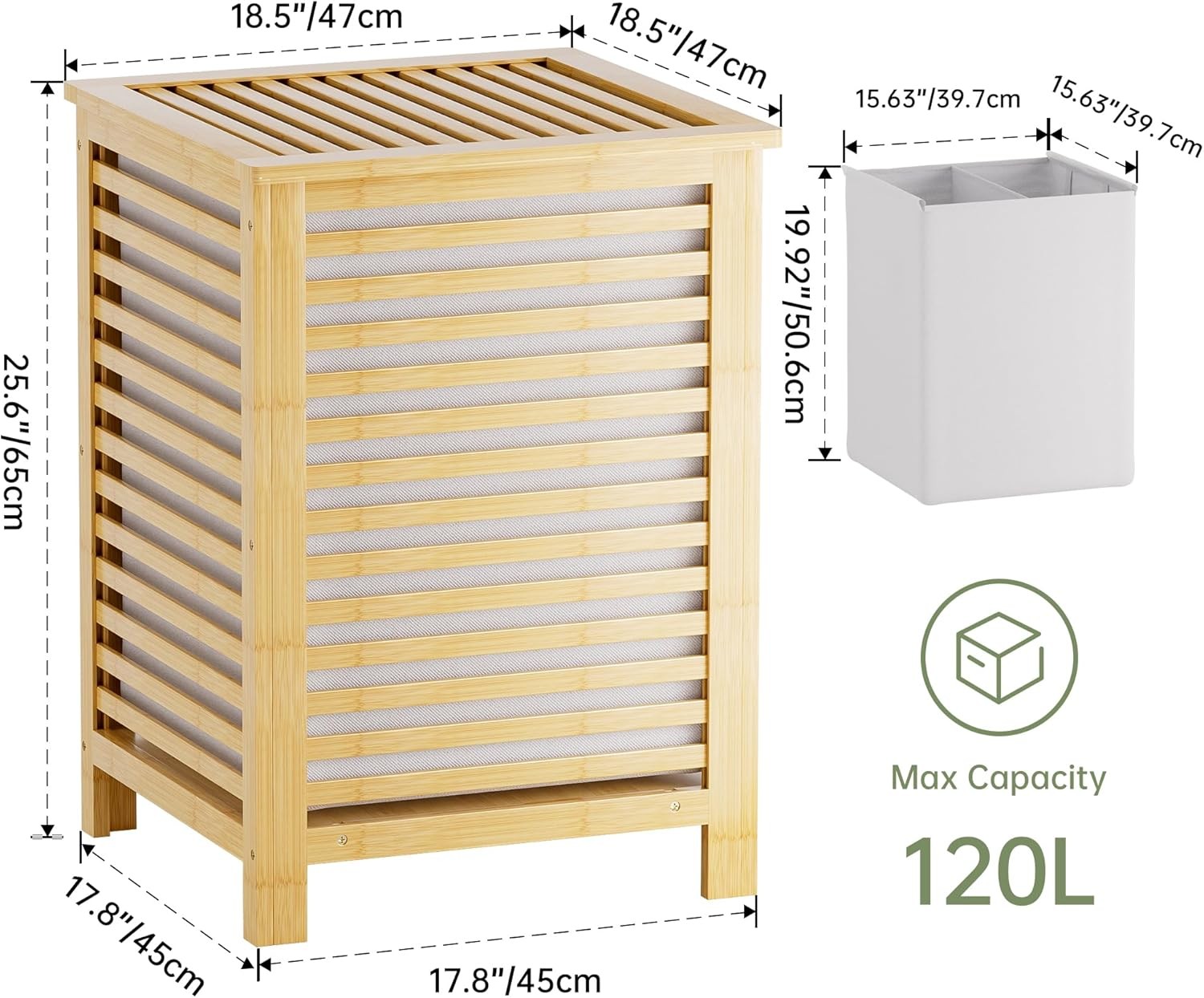 Natural Bamboo Double Laundry Hamper with Lid 120L 2 Section Basket 47x47x65cm
