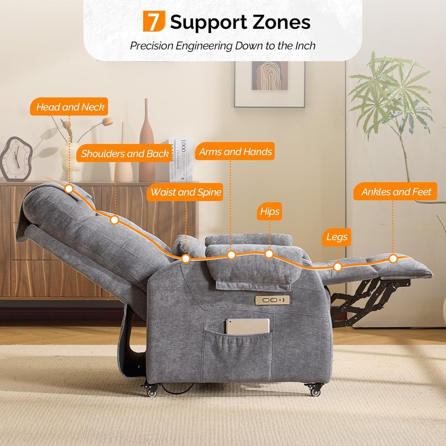 Electric Recliner Chair w/ Wheels Massage Heat High Back Footrest Fabric Grey
