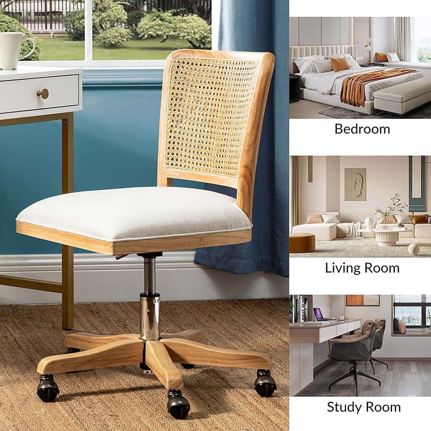 Linen Swivel Office Chair Adjustable Height Upholstered Rattan Desk Seat