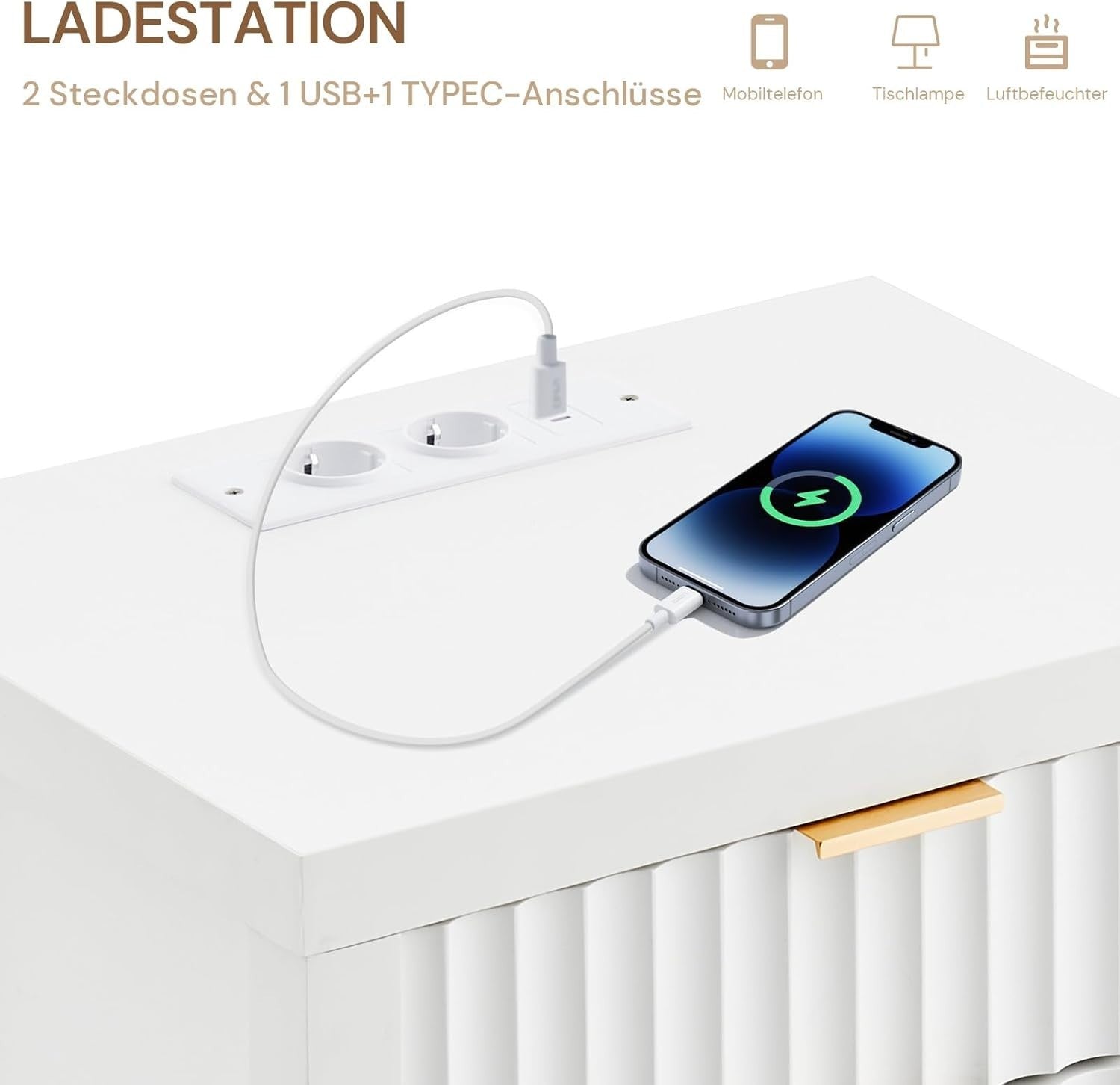 Modern White Bedside Table 2 Drawers with USB Charging Station 71x47x20cm