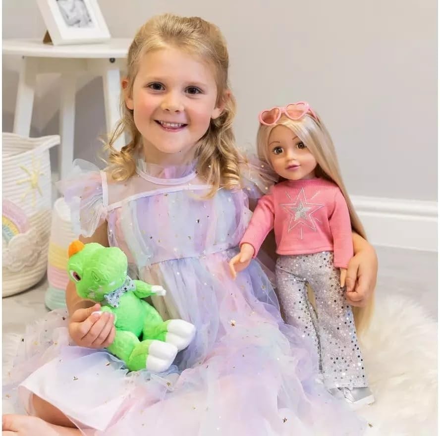 18in Doll Gift Set Two Outfits Plush Dinosaur Pajamas Sparkle Pants