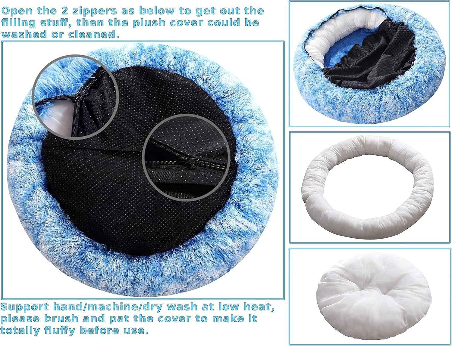 XXL Calming Donut Dog Bed 100cm Anti Anxiety Faux Fur Blue