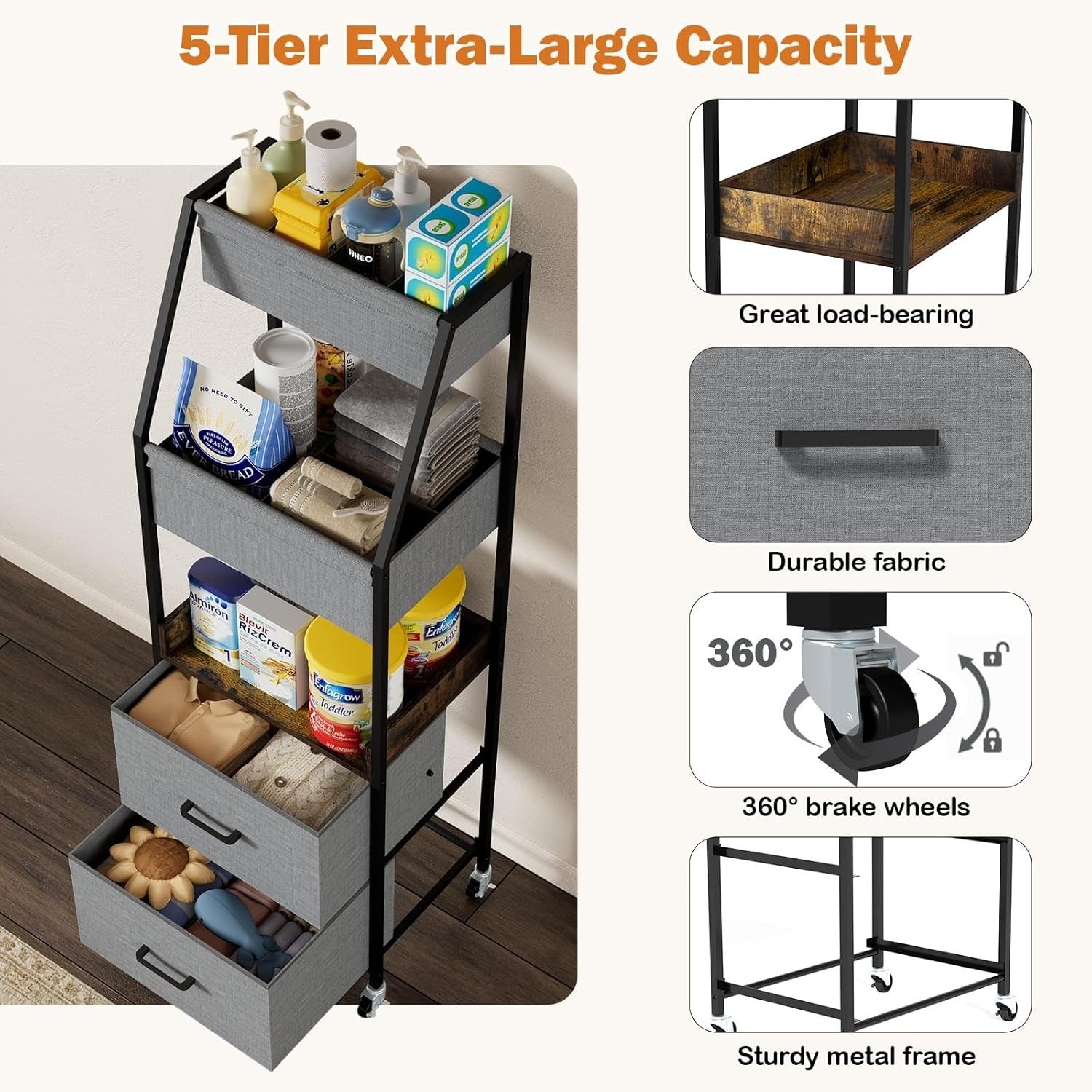5 Tier Baby Diaper Caddy Organizer Cart Nursery Trolley with Wheels