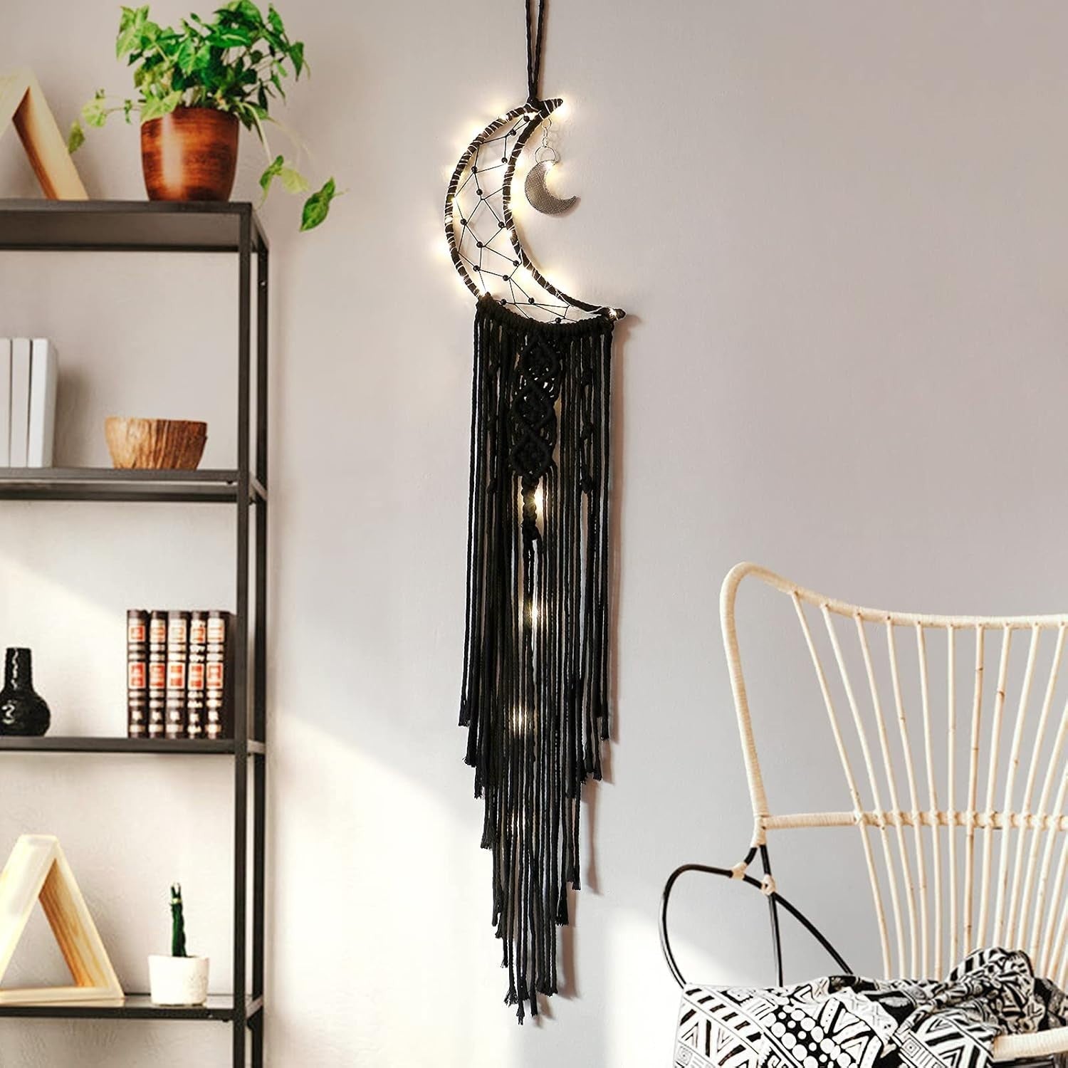 Boho Moon Macrame Wall Hanging 32” Cotton Cord + DIY String Lights