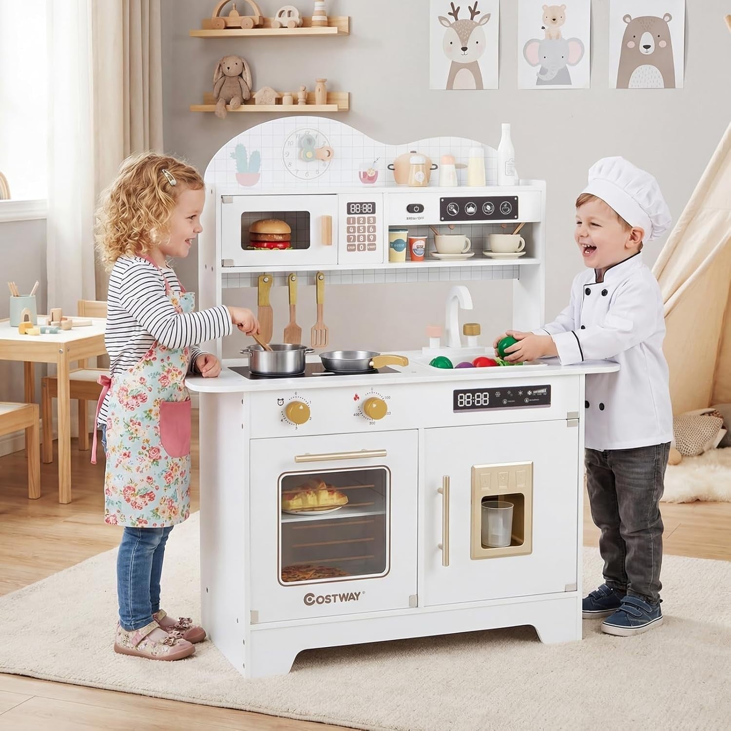 Wooden Kids Play Kitchen White Coffee Maker Oven 17PCS Toy Set