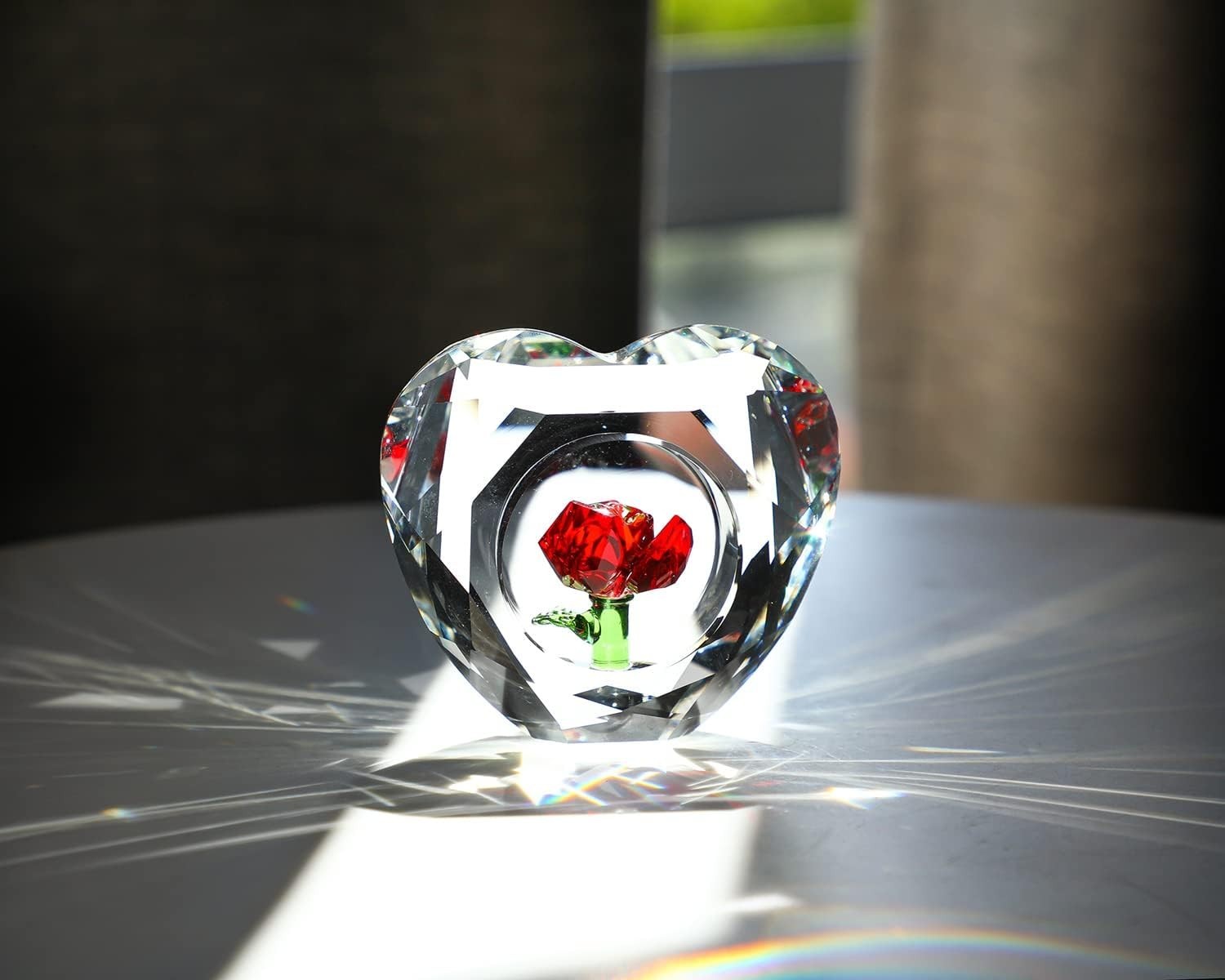 Crystal Red Rose Heart Ornament • K9 Glass Paperweight Gift • Romantic Decor