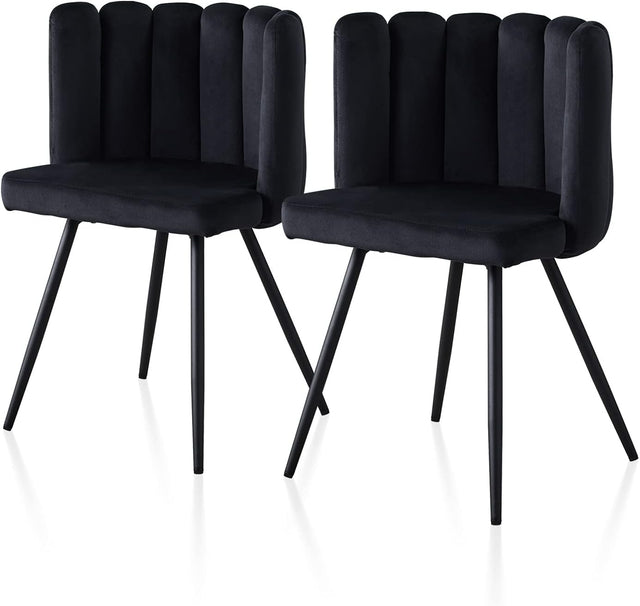 Set of 2 Black Velvet Dining Chairs Thick Padded Metal Legs