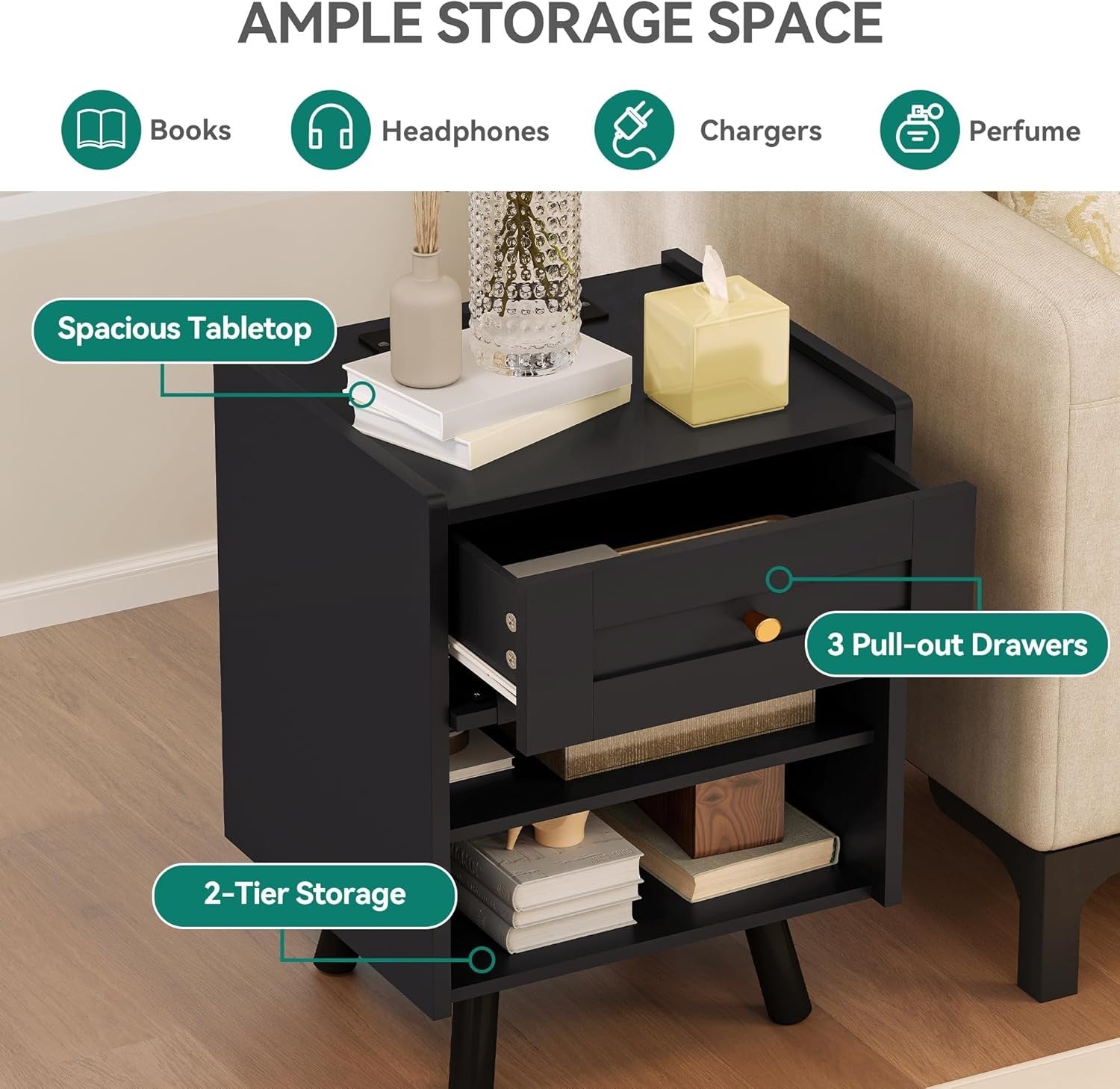 Black LED Bedside Table | Nightstand with Drawer & Adjustable Shelf 40×62cm