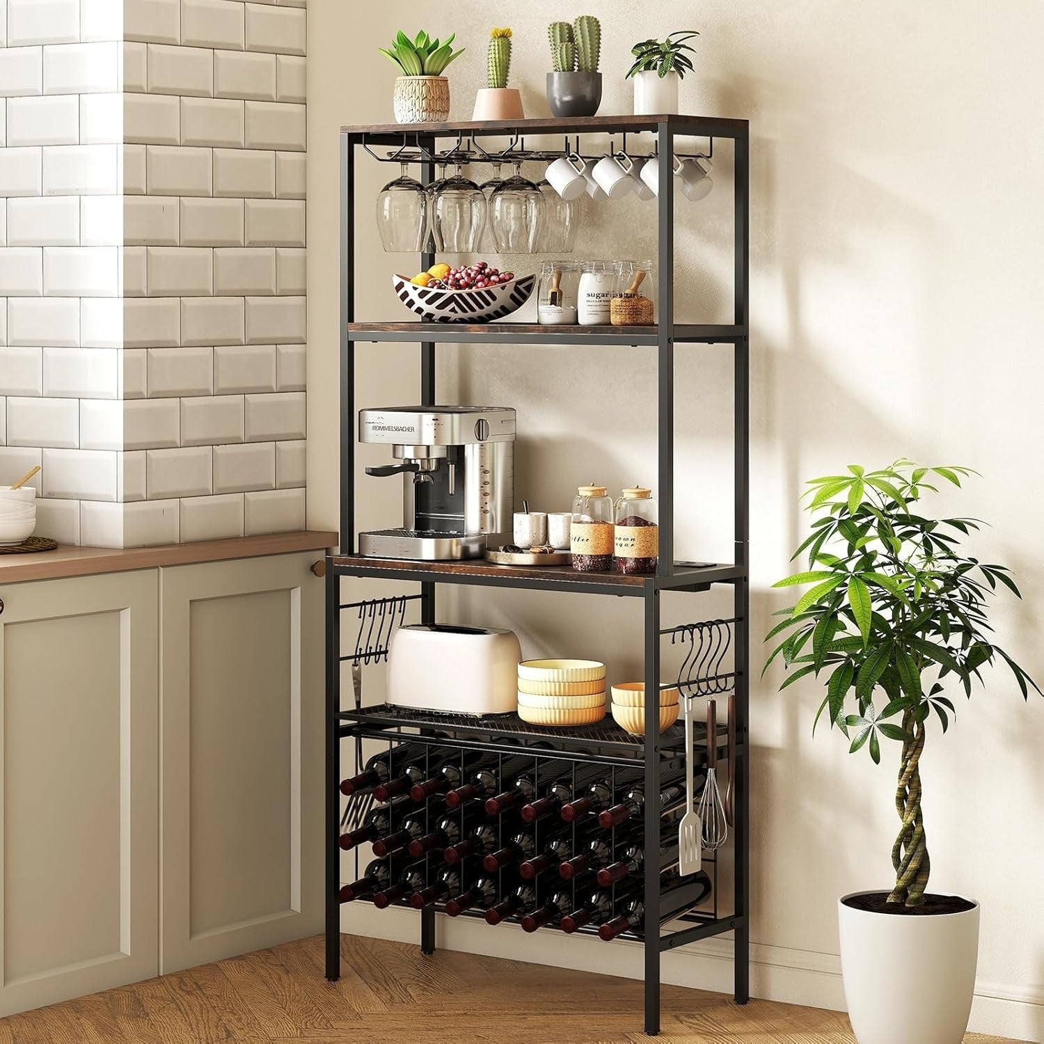 4 Tier Wine Bar Cabinet with Power Outlets, 24 Bottle Rack, Glass & Mug Holder