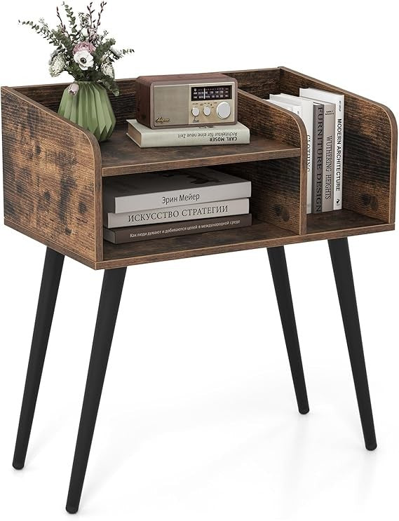 Rustic Brown Wooden Bedside Table with Open Shelves & Metal Legs – Modern Nights