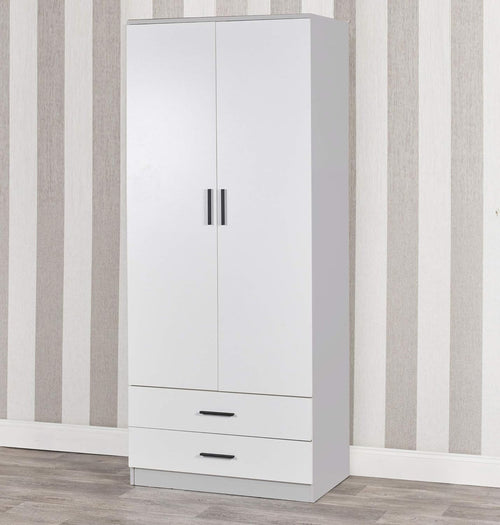 White Drawer 2 Door Wardrobe with Rail | Modern Grey Bedroom Storage Unit