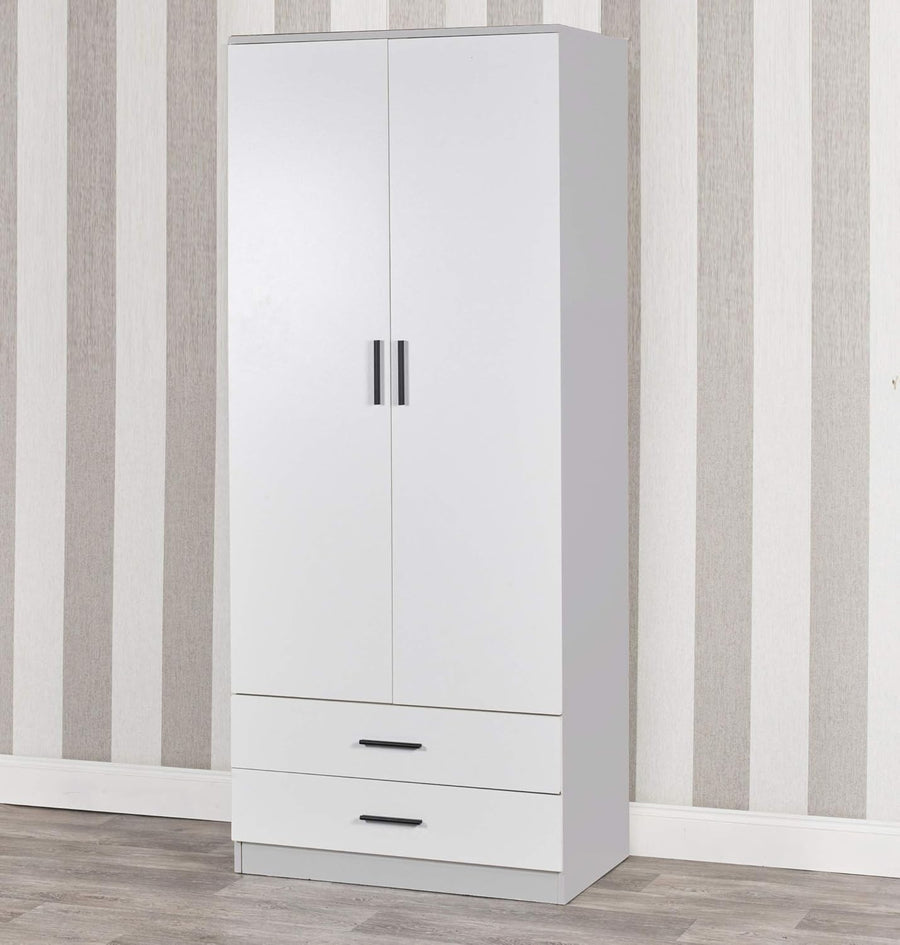 White Drawer 2 Door Wardrobe with Rail | Modern Grey Bedroom Storage Unit