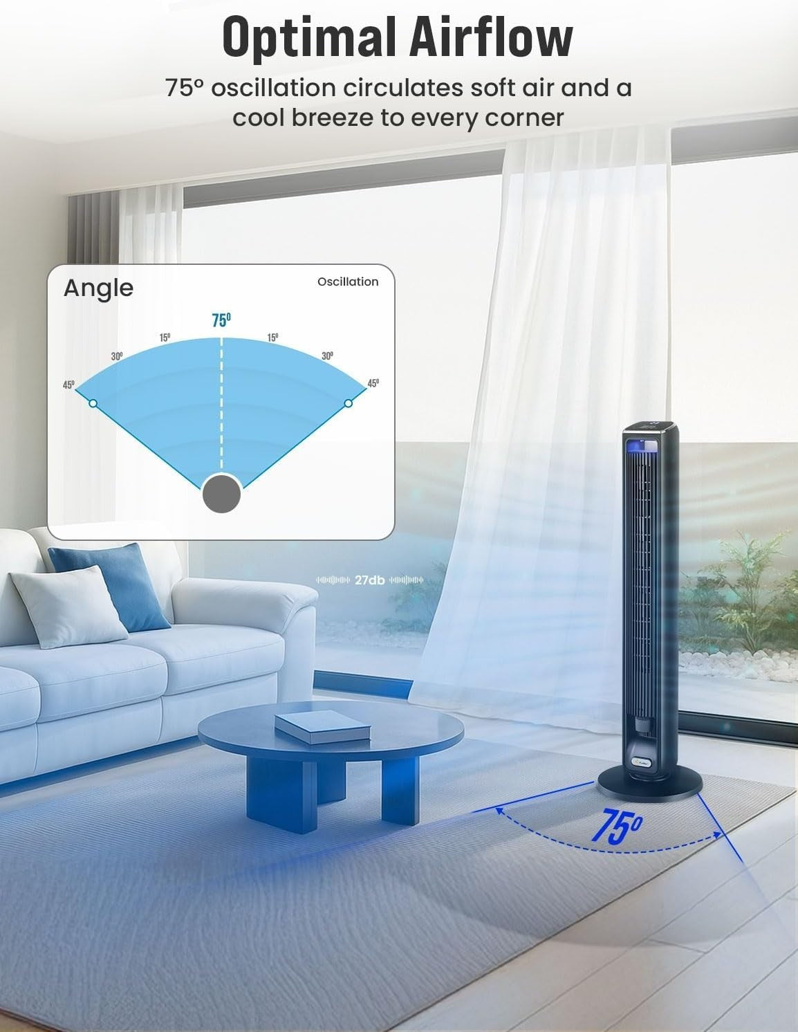 42" Smart Tower Fan – WiFi Alexa Control LED Bladeless Cooling Fan Black Remote
