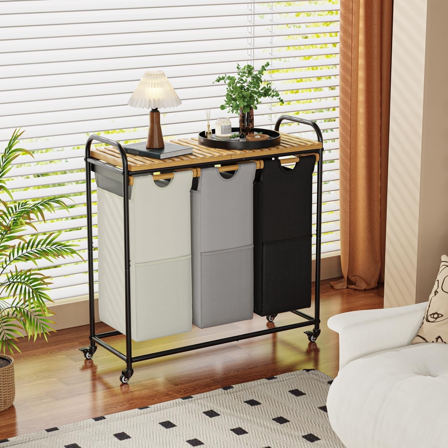 3-Section Laundry Sorter with Bamboo Shelf & Pull-Out Bags on Wheels – 3×40L