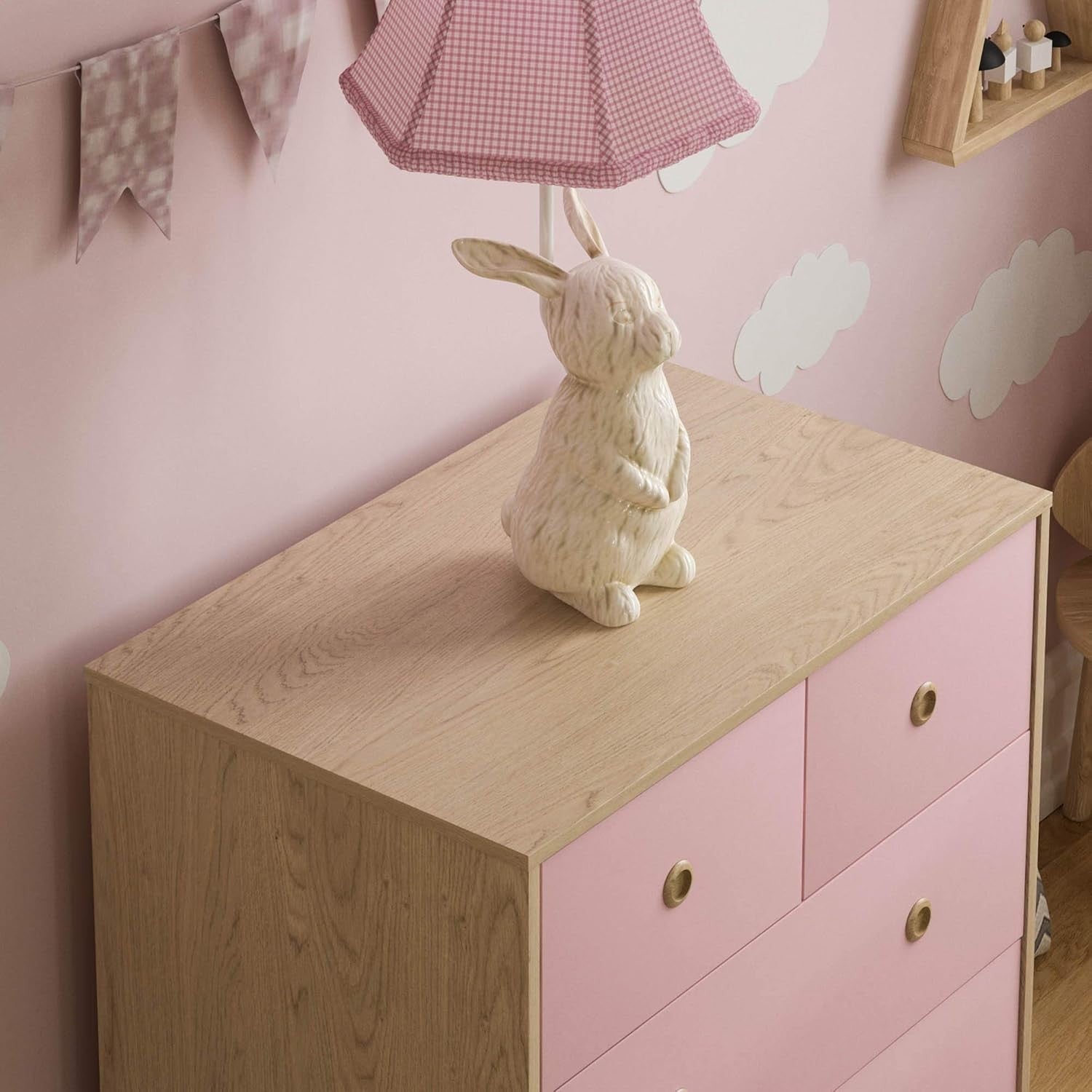5 Drawer Chest Modern Bedroom Storage Cabinet Kids Furniture Pink Oak