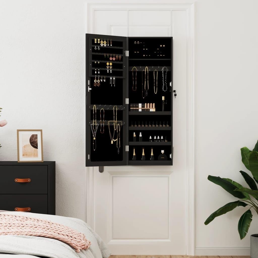 Black Wall Mounted Jewelry Cabinet Mirror Lockable Slim Vertical Storage