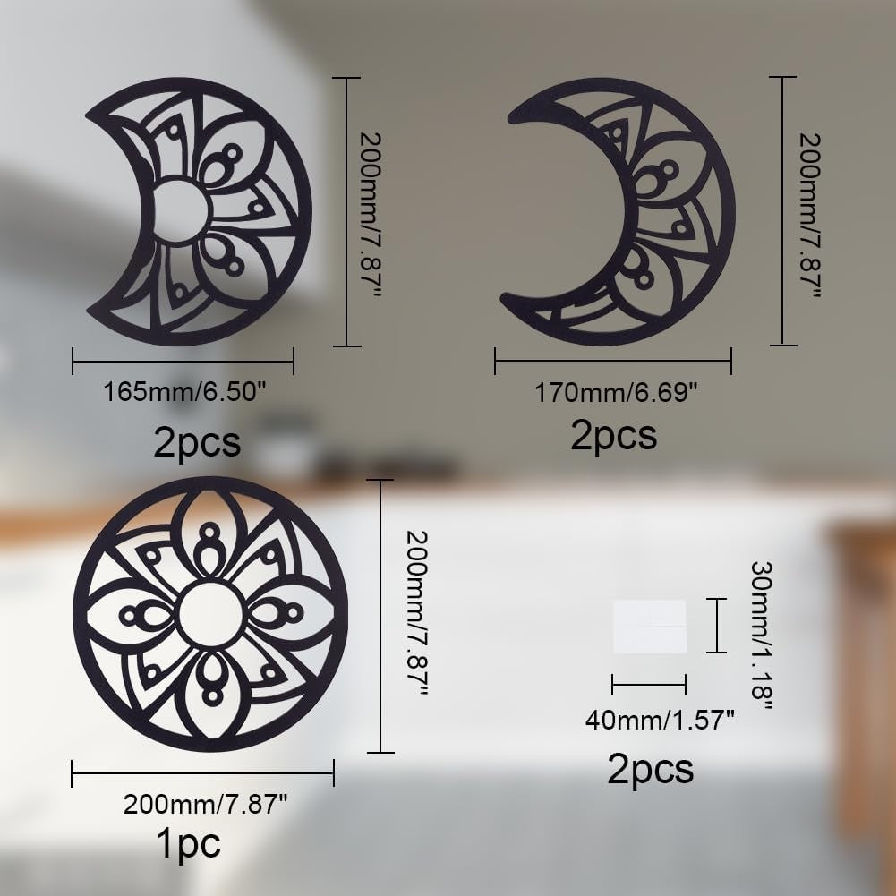 5pcs Moon Phase Wall Decor Boho Wood Flower Hanging Art Black