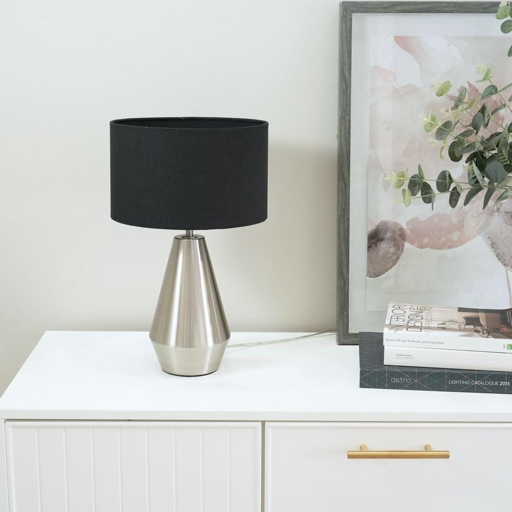 Silver Touch Dimmer Table Lamp Black Drum Shade Bedside LED Light