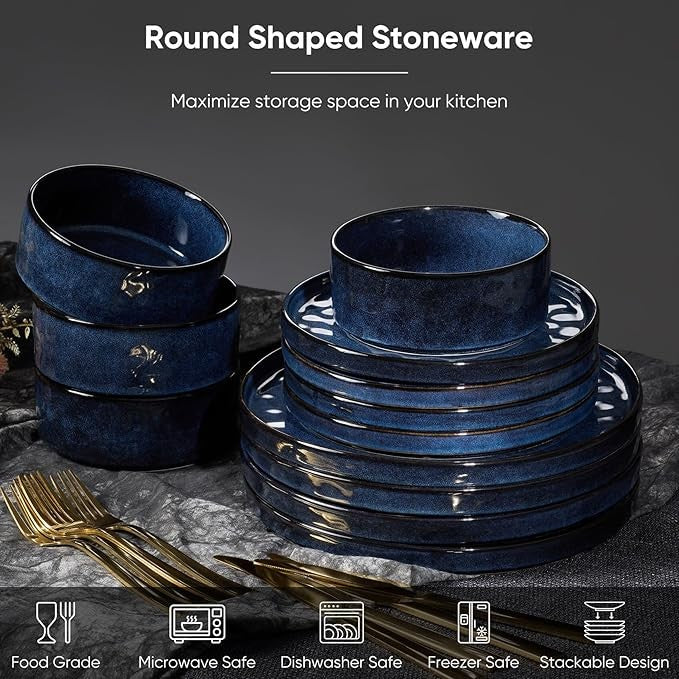 12pc Blue Stoneware Dinner Set Plates Bowls Reactive Glaze Service for 4