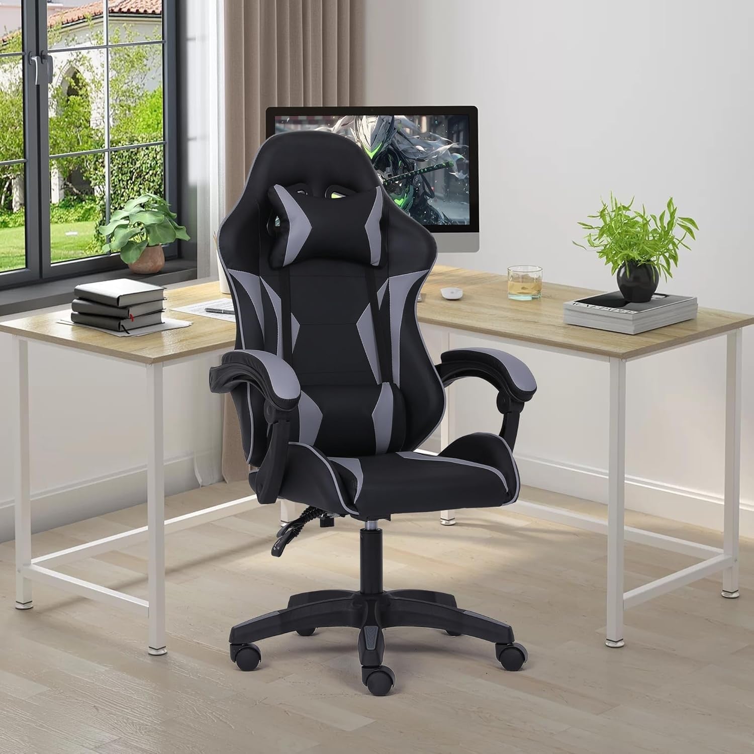 Ergonomic Gaming Chair w/ Lumbar Support Headrest Swivel Grey