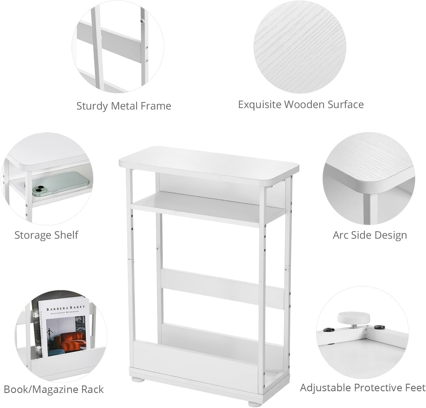 White Narrow Side Table for Small Spaces – Slim Bedside Unit with Shelf