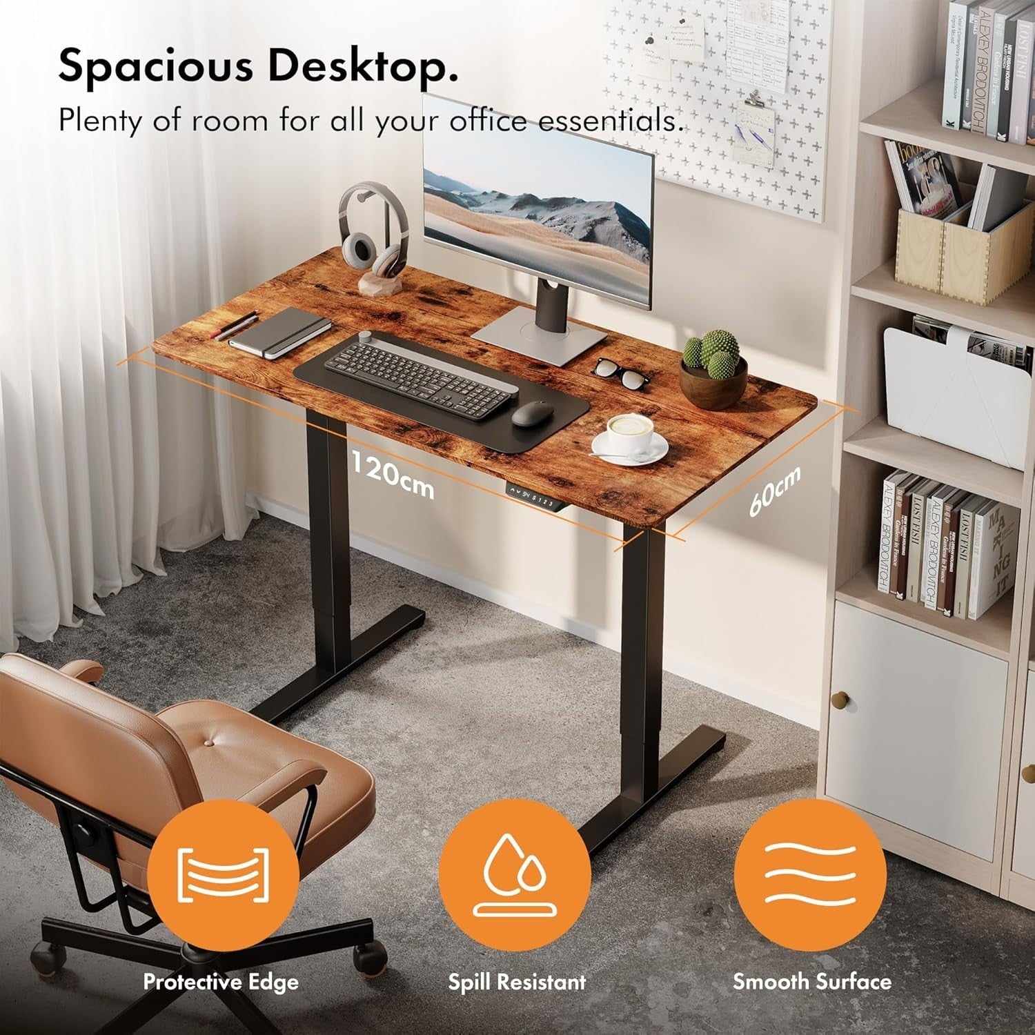 Rustic 120x60cm Electric Standing Desk with USB-C Charging & Memory Preset