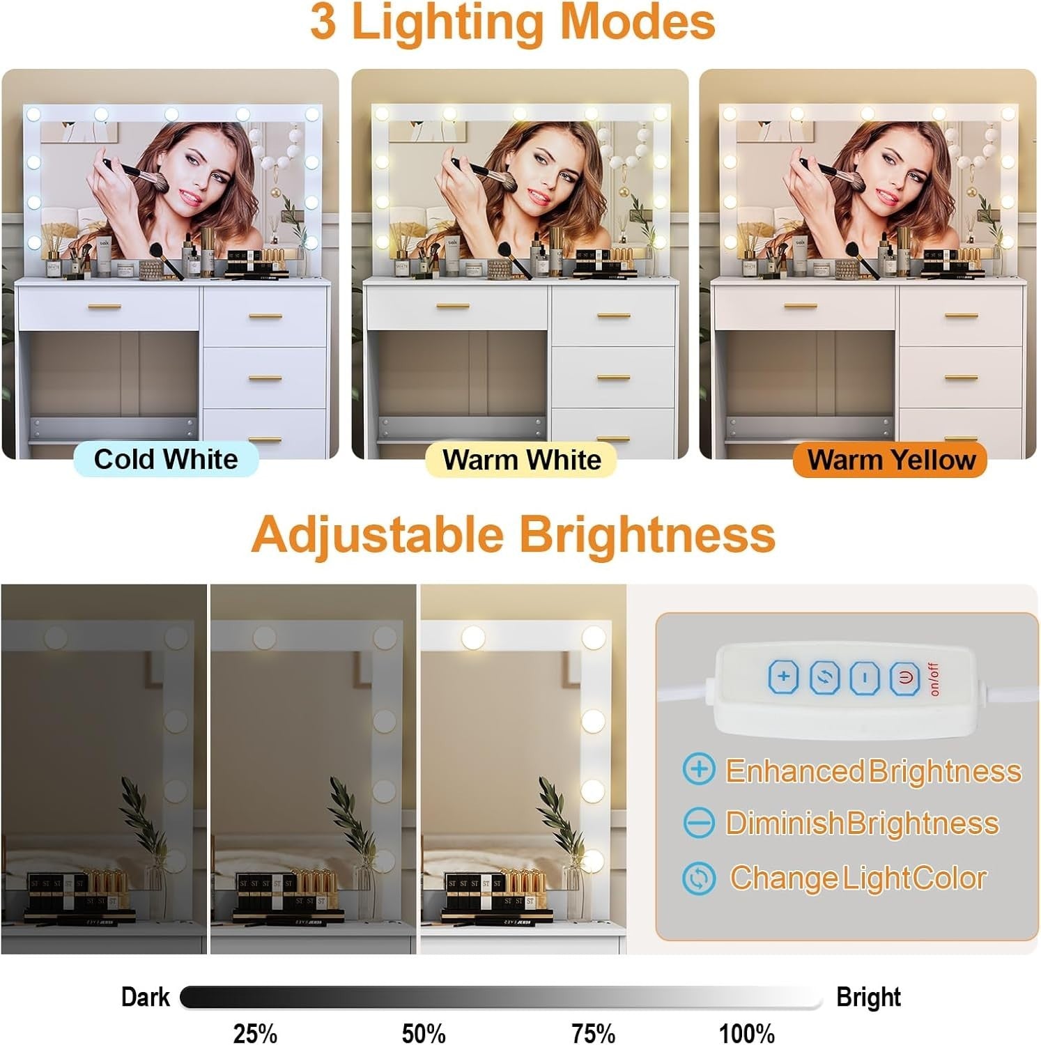 Vanity Table Large Lighted Mirror Desk 3 Color LED 5 Drawer Engineered Wood