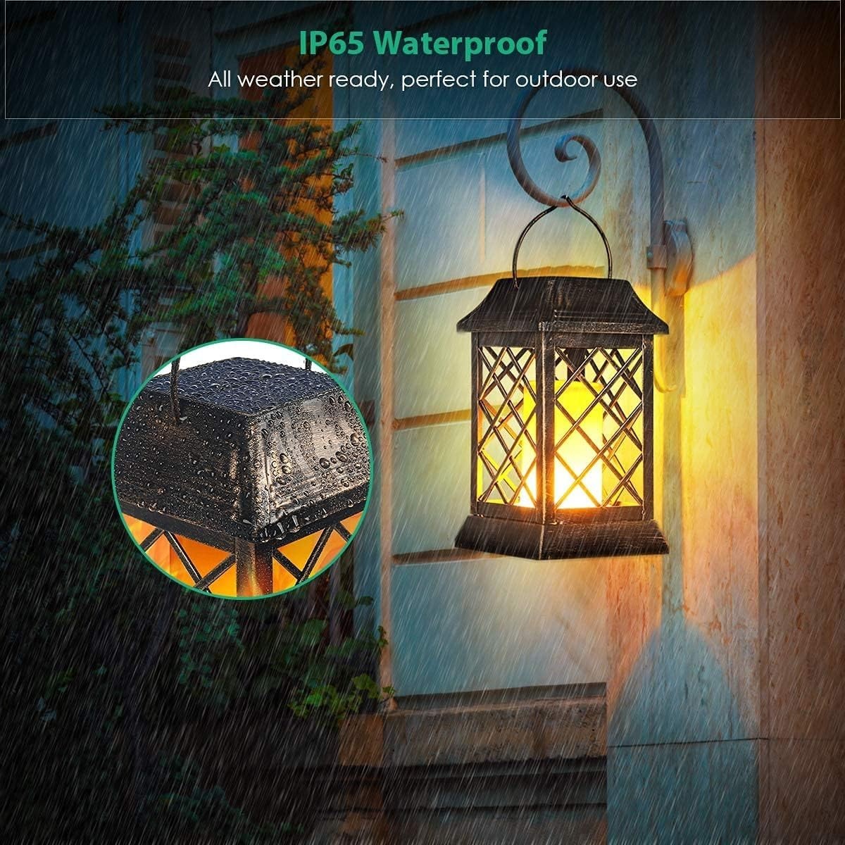 2 Pack Solar Flame Lanterns, Outdoor Waterproof Flickering LED Hanging, Bronze
