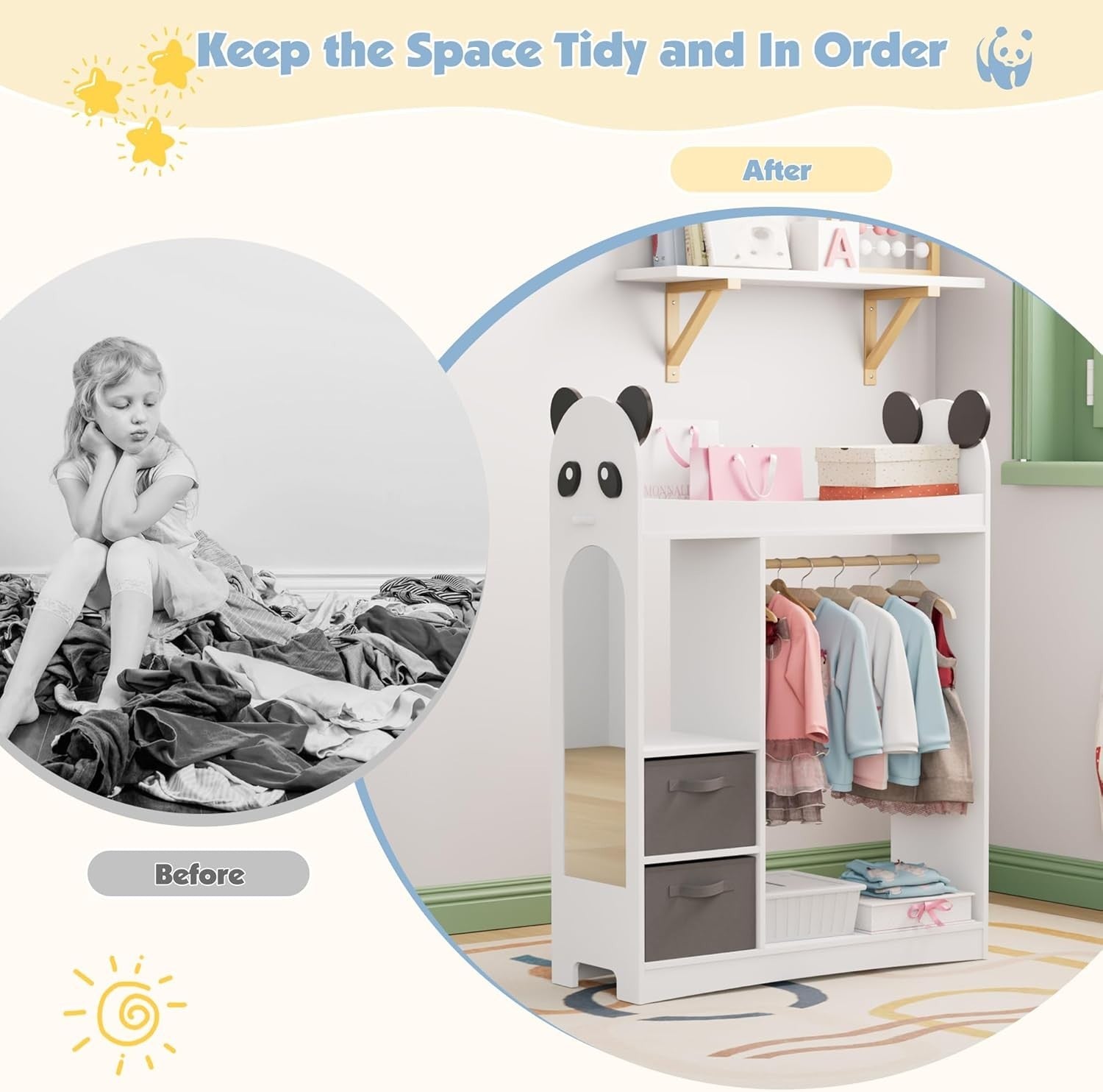 Kids Dress Up Wardrobe with Mirror, Hanging Rail & 2 Drawers for Clothes