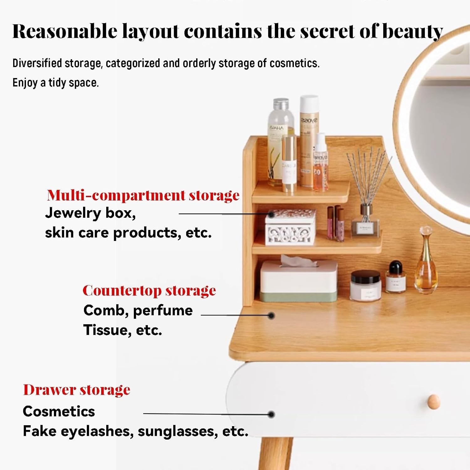Dressing Table Vanity Desk Makeup Station LED Mirror Storage Drawer Bianco