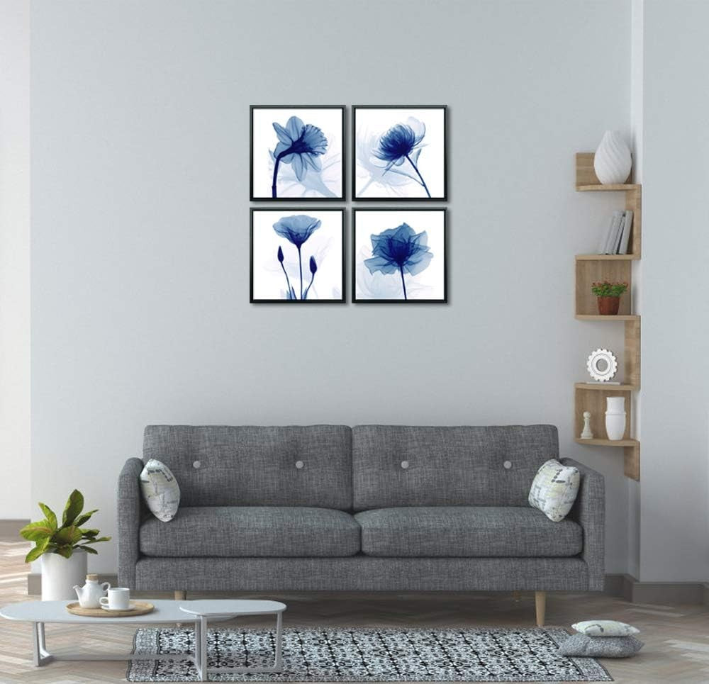 Blue Flower Canvas Wall Art 4 Panel Framed Modern