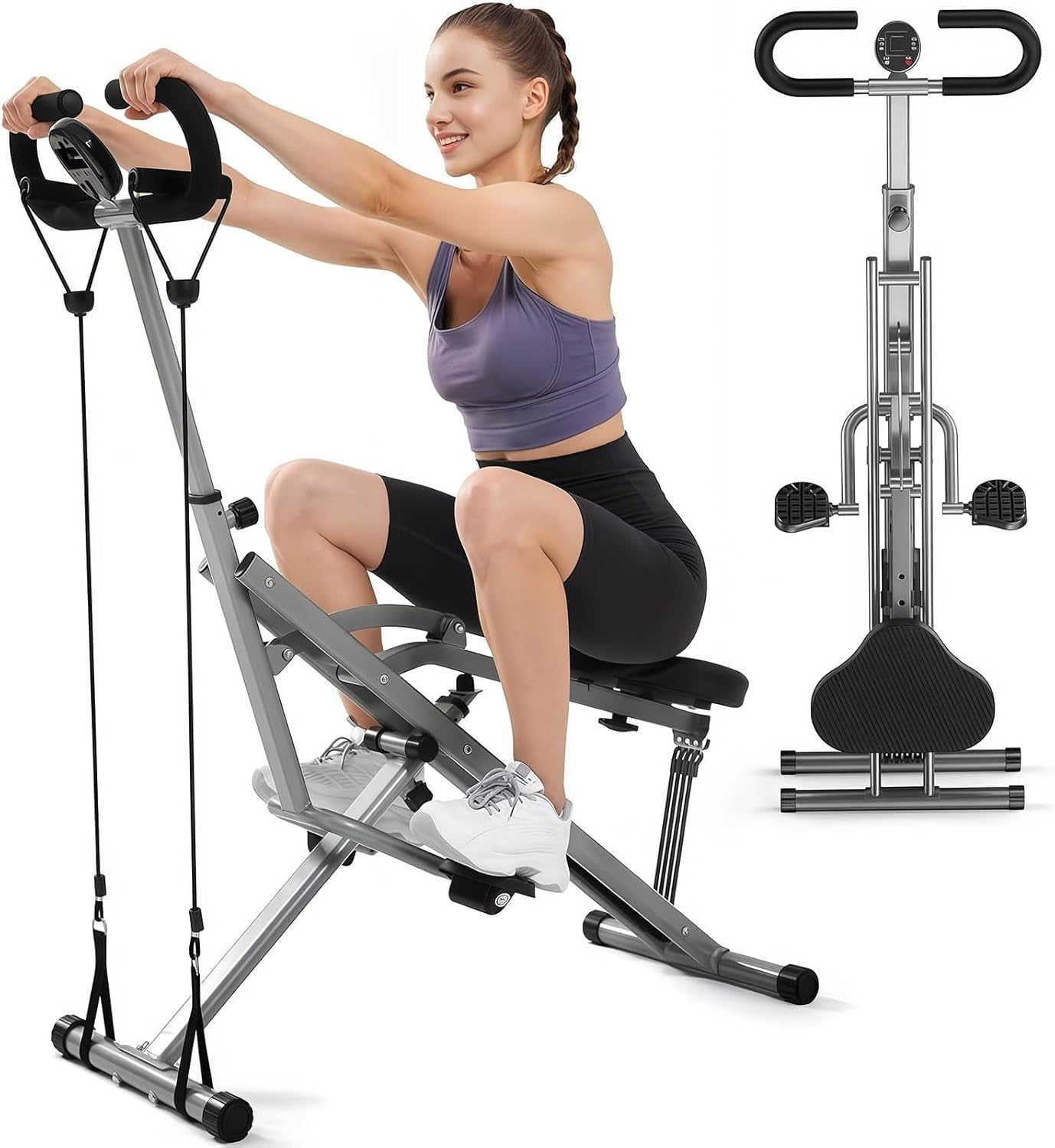 2 in 1 Foldable Squat Rowing Machine w LCD 4 Bands Home Trainer