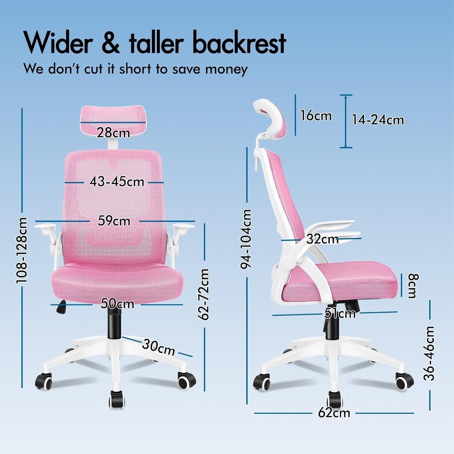 Ergonomic Mesh Office Chair Pink Adjustable Headrest Flip Arms Swivel 180kg