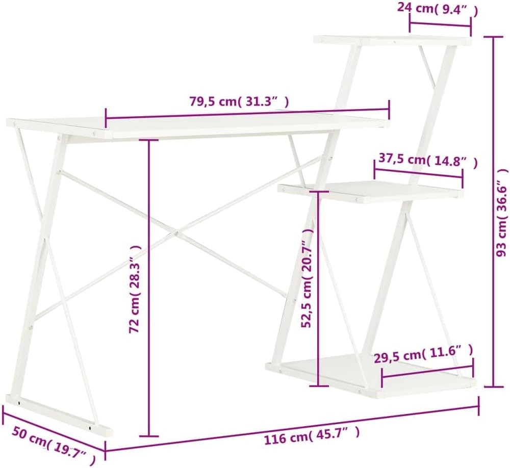 Z-Shaped Computer Desk with 3 Shelves 116x50x93cm White Home Office Workstation