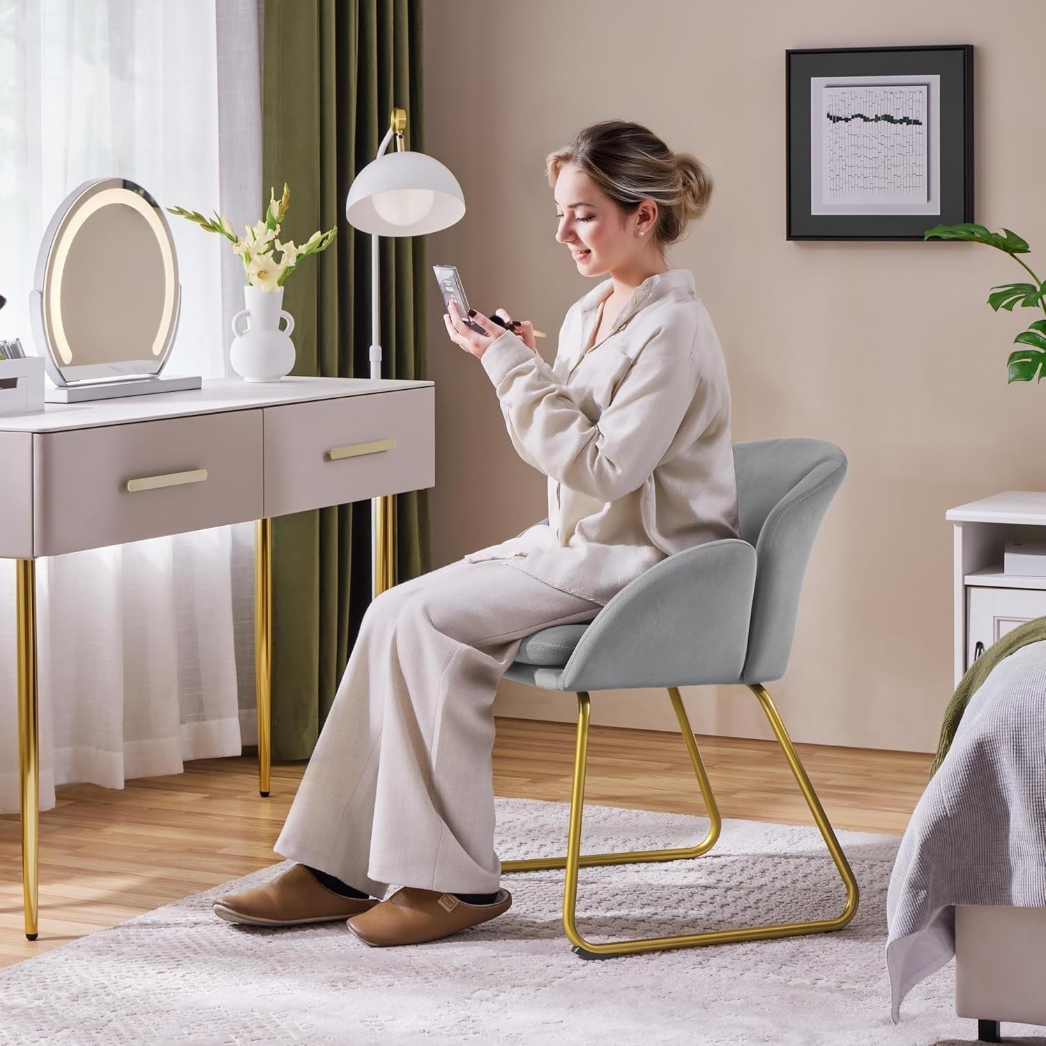 Grey Velvet Tub Vanity Chair Petal Accent Armchair with Gold Metal Legs