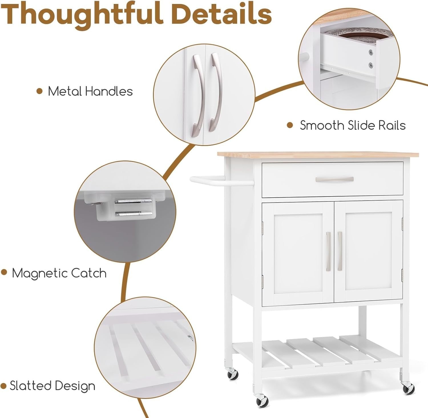 Rolling Kitchen Island Cart with Drawer Cabinet Shelf & Towel Rack White