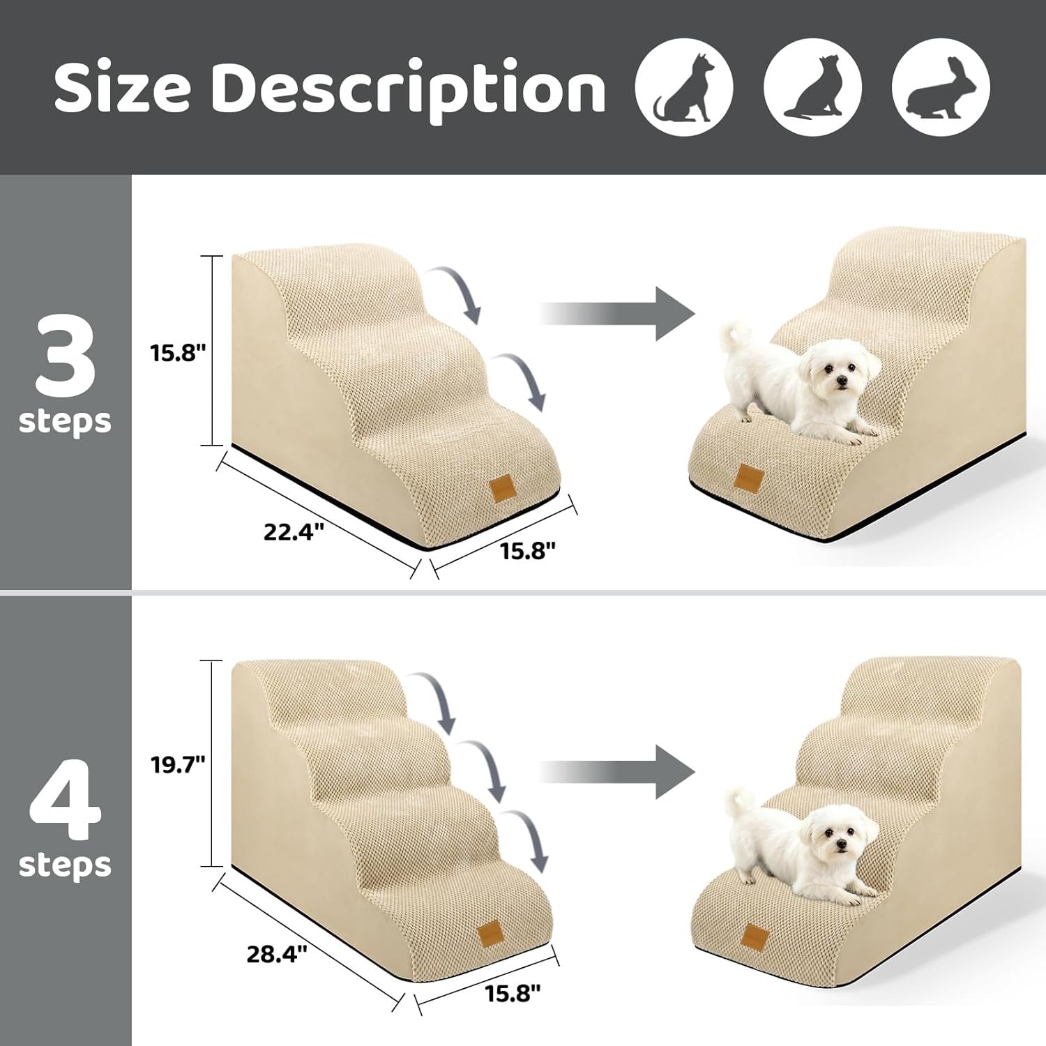 Dog Steps for Bed 3Step Non-Slip Pet Stairs Ladder Foam Ramp with Plush