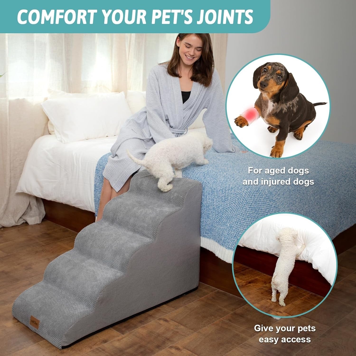 Dog Stairs for Small Dogs 5 Step Foam Pet Ramp Bed Sofa Grey