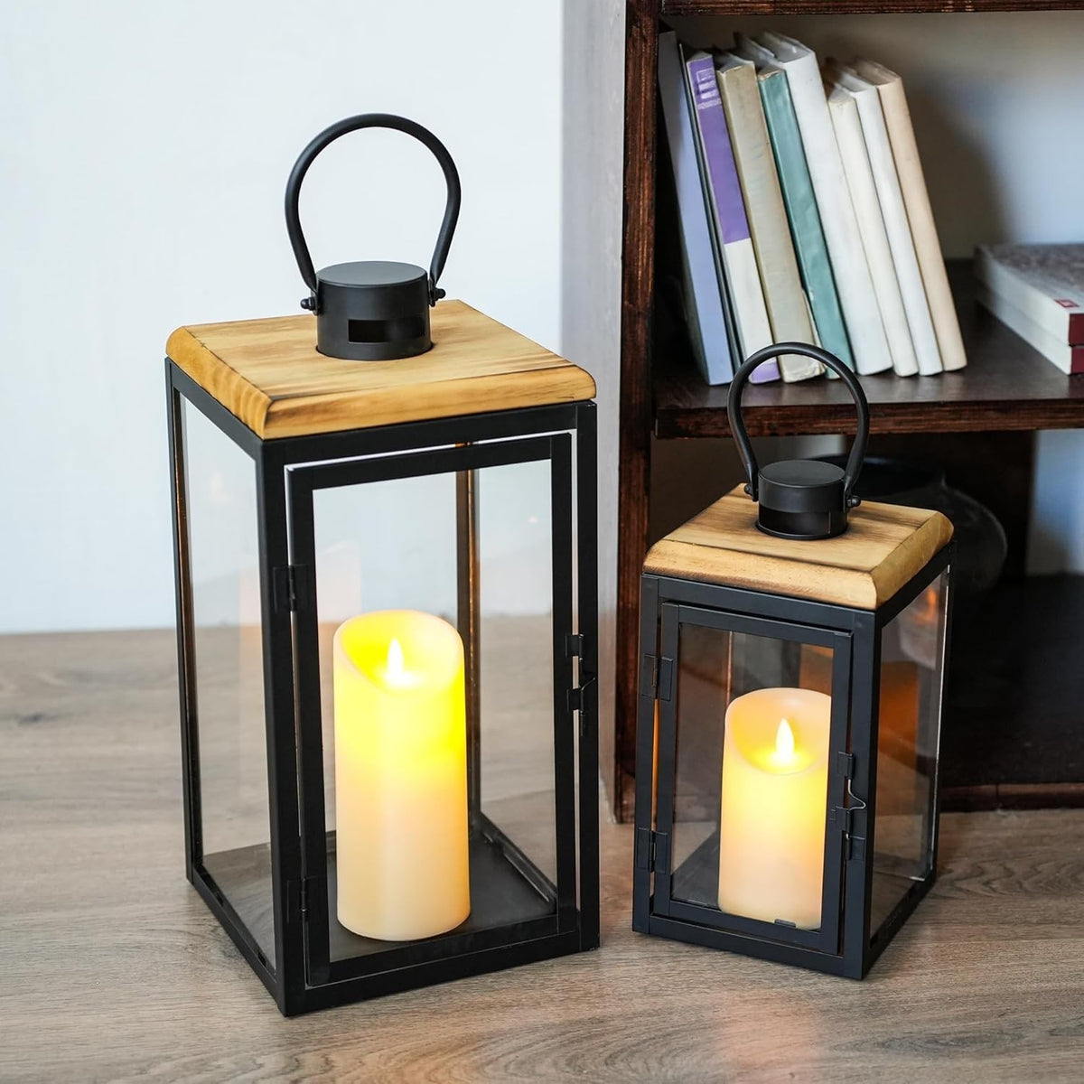 Set of 2 Large Black Metal Candle Lanterns Home Decor