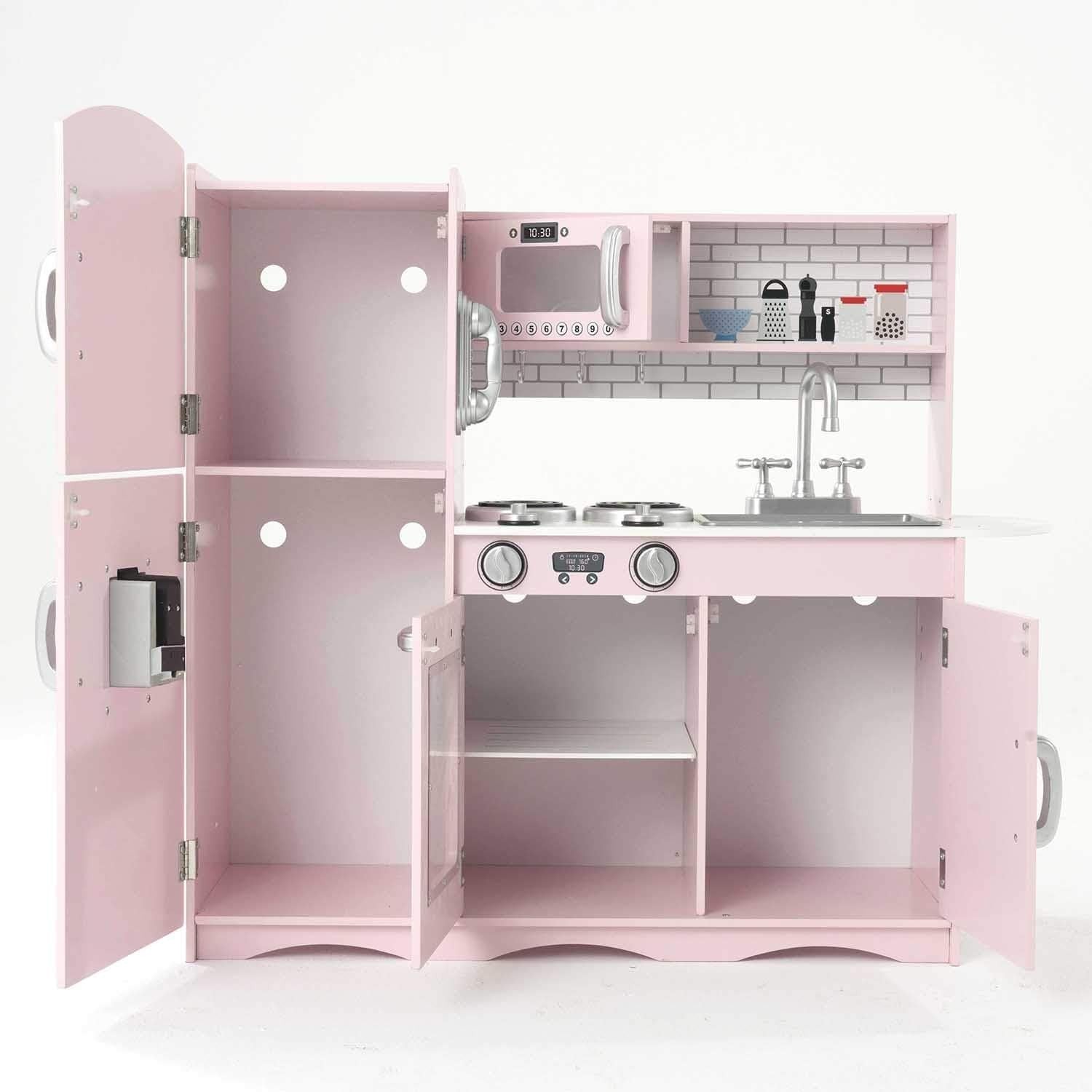 Large Wooden Kids Play Kitchen Pink Toy Set Lights Sounds Accessories