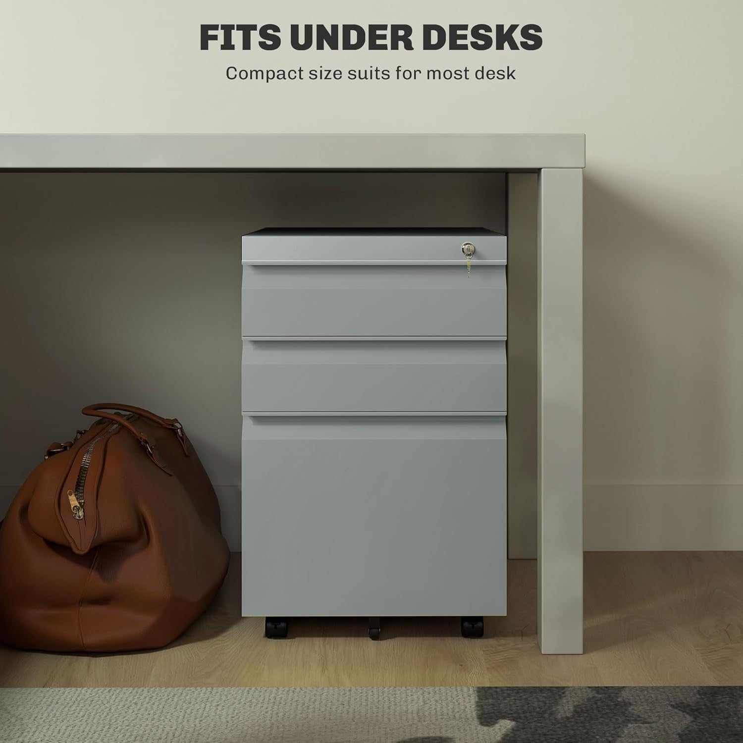 Grey 3 Drawer Lockable File Cabinet 39x48x60cm Mobile Alloy Steel