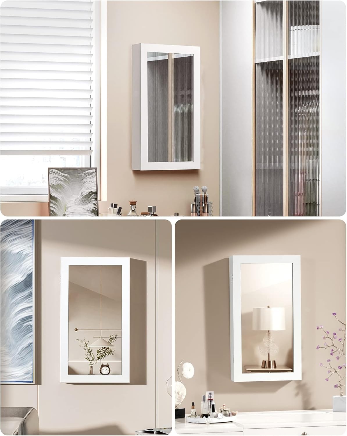 White & Black Mirrored Lockable Wall Mounted Jewelry Cabinet Organizer