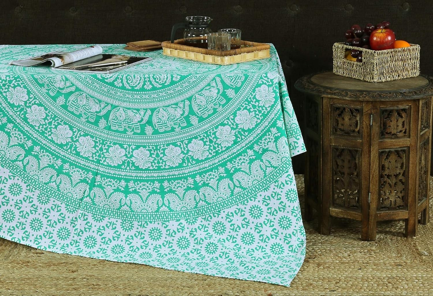 Extra-Large Green Cotton Mandala Elephant Wall Tapestry 90x84