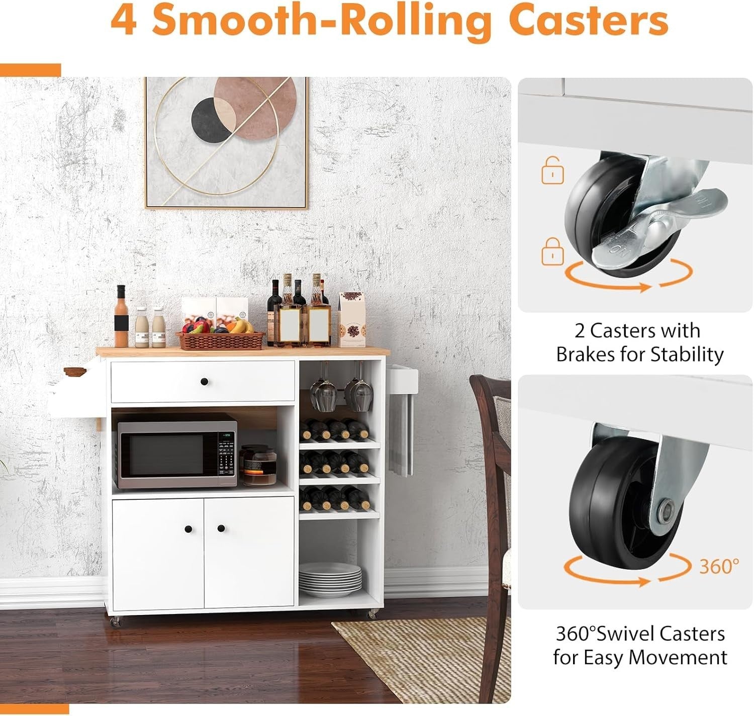 Rolling Kitchen Island Cart with Drop Leaf, Wine Rack & Adjustable Shelves